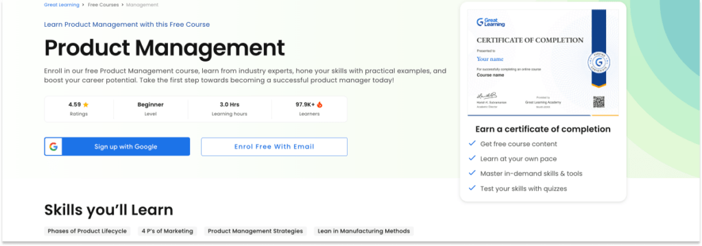 A screenshot showing the free product management course offered by Great Learning