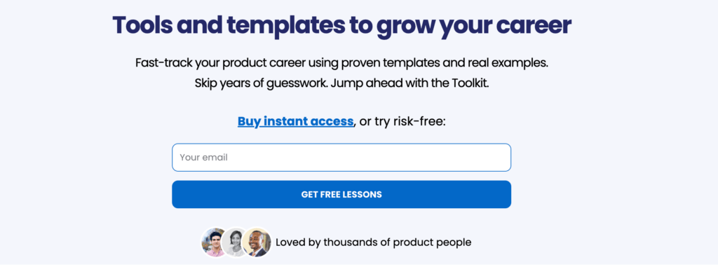 A screenshot showing the homepage for the Product Toolkit product management course by Product Lessons