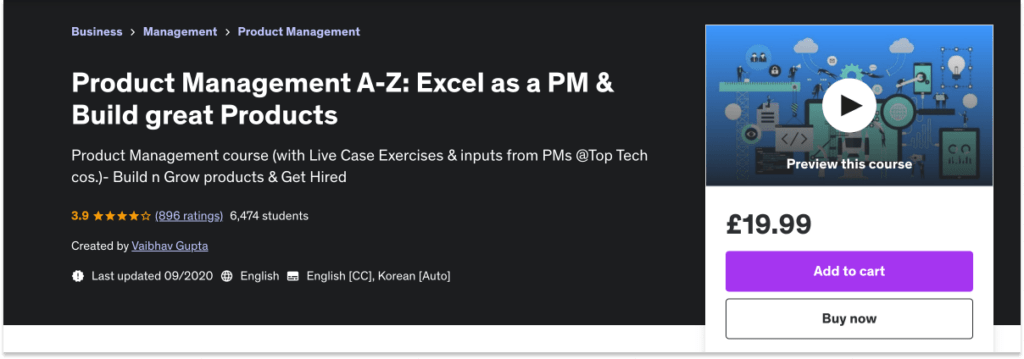 A screenshot from the Udemy website, showing the Product Management A-Z product management course