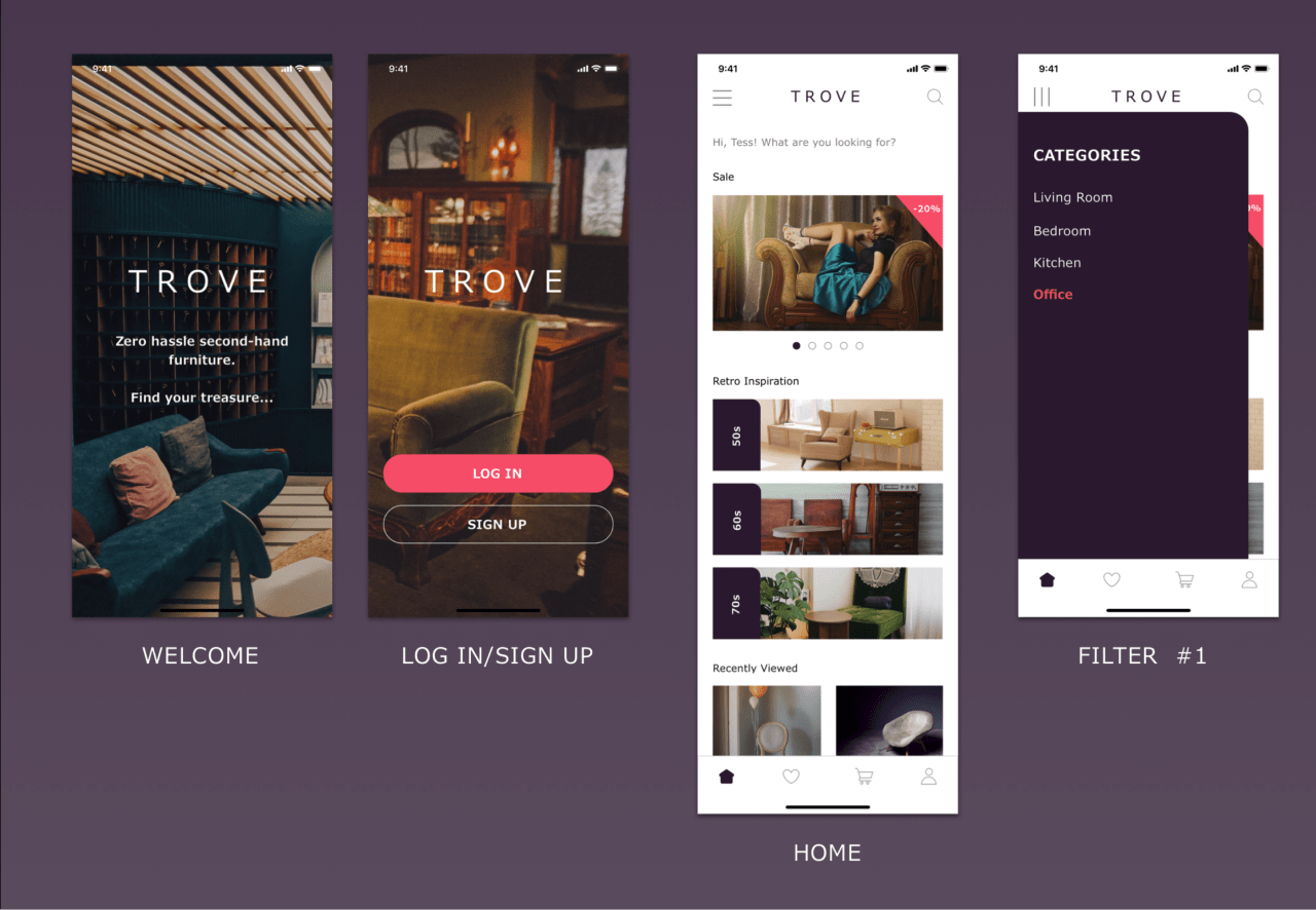 An image taken from Tess's UX/UI design portfolio project, Trove, a second-hand, vintage furniture e-commerce app