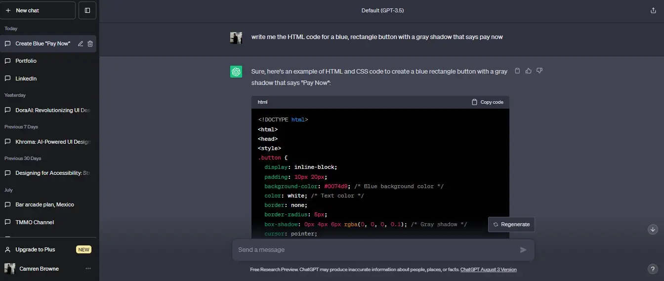 A screenshot of ChatGPT, one of the best ai tools for ui design