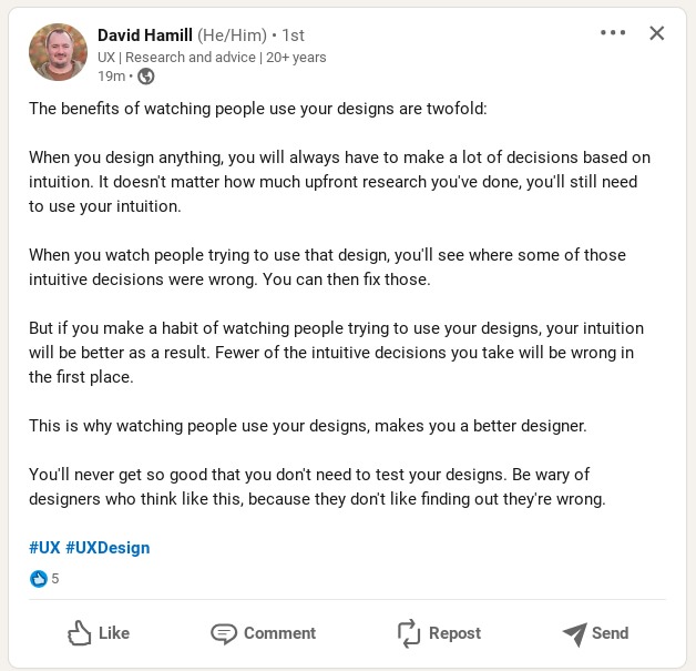 A screenshot of UX design expert David Hamill's social media