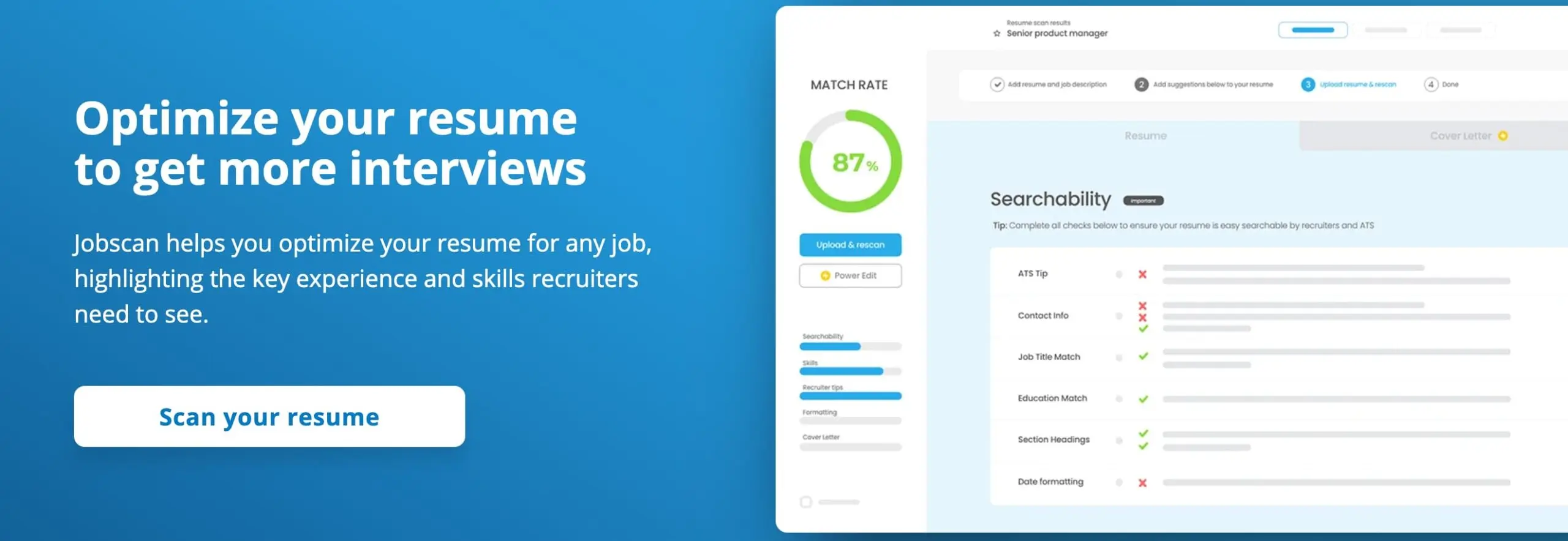 A screenshot from the jobscan website, an AI job search tool