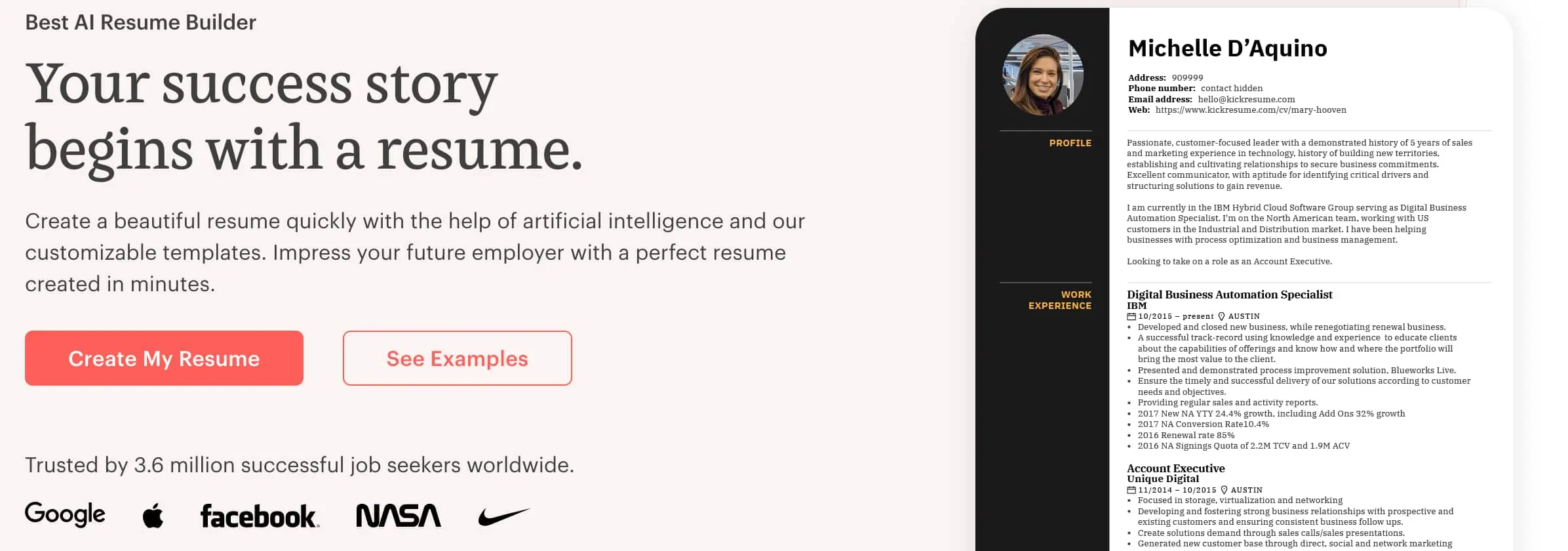 a screenshot from the website of the ai job search tool kickresume