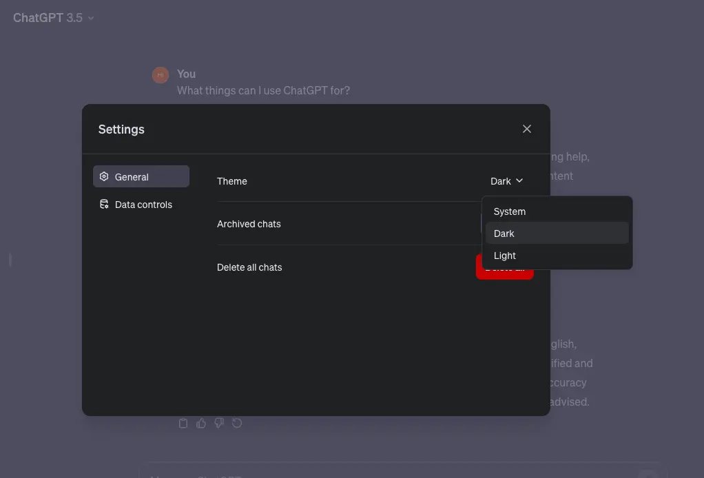 A screenshot of ChatGPT settings and the ability to select dark mode.