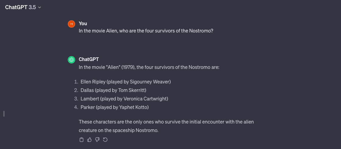Screenshot of ChatGPT responding to a prompt about survivors in the film Alien. The response is inaccurate.