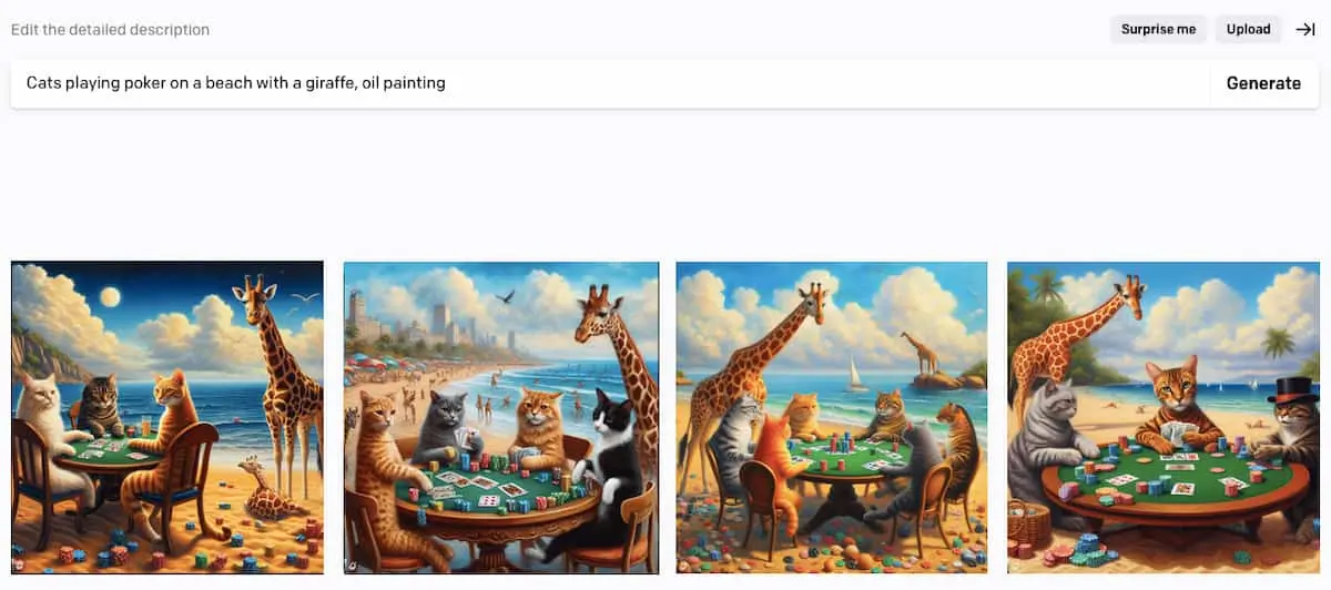 ChatGPT prompt for an image of cats playing poker with a giraffe on a beach, in the style of an oil painting