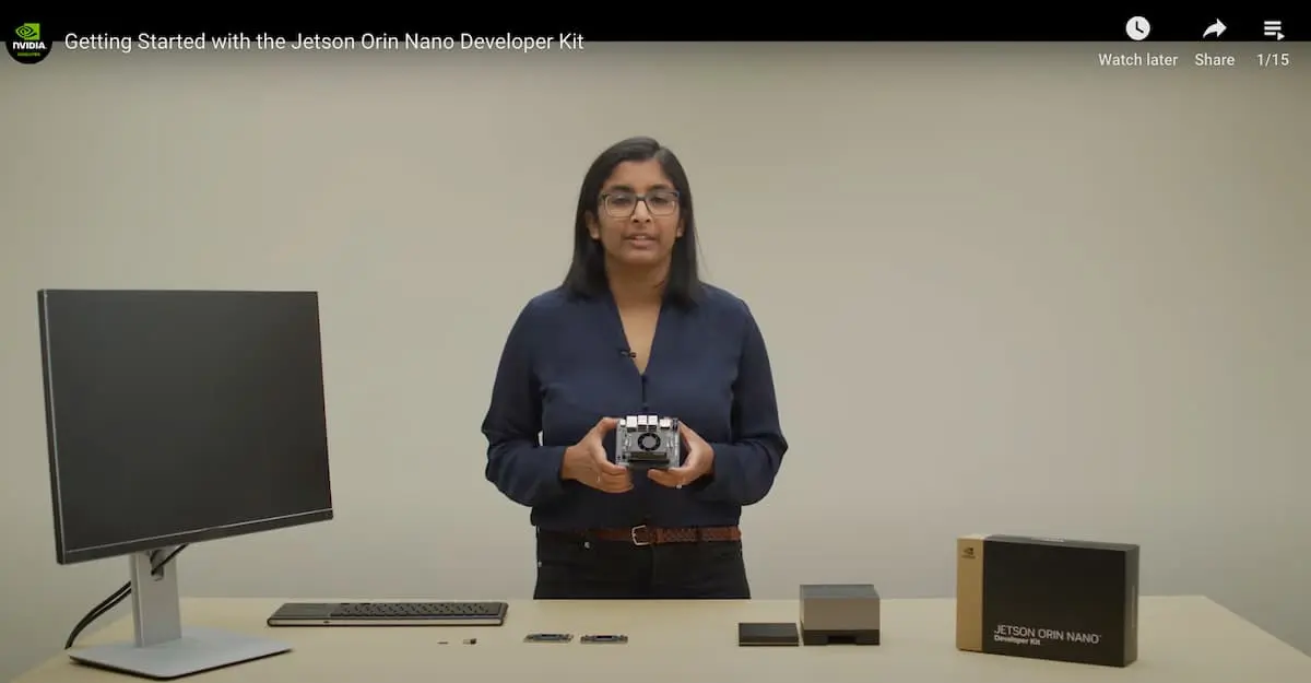 Screengrab from module of Jetson AI certification course showing a woman showing the Jetson Orin Nano Developer Kit.