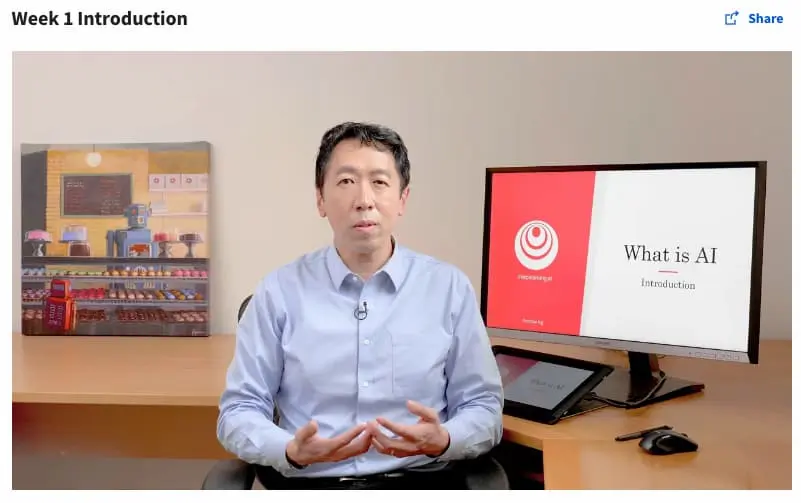 Screengrab from certification "AI For Everyone" showing instructor Andrew Ng.