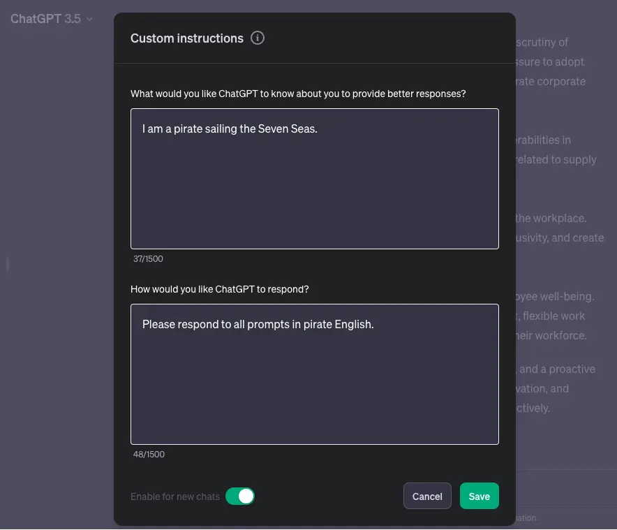 Screenshot of ChatGPT custom instructions settings, with a request to return all responses in pirate English.