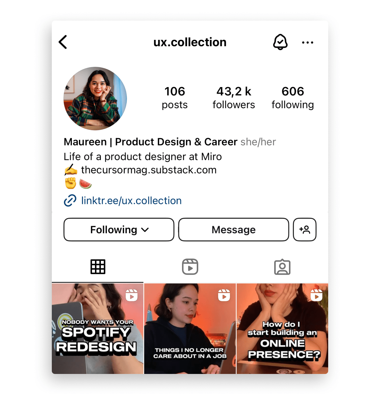 A screenshot of Maureen's Instagram page