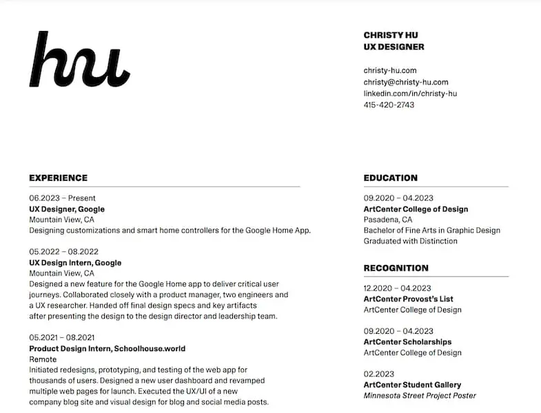 Extract from Christy Hu's product designer resume.