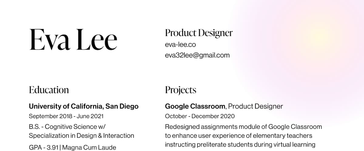Excerpt from Eva Lee's product design resume.
