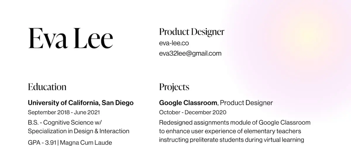 Excerpt from Eva Lee's product design resume.