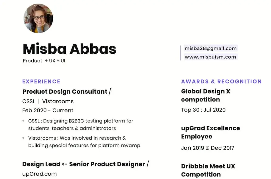 Misba Abbas's product design resume.
