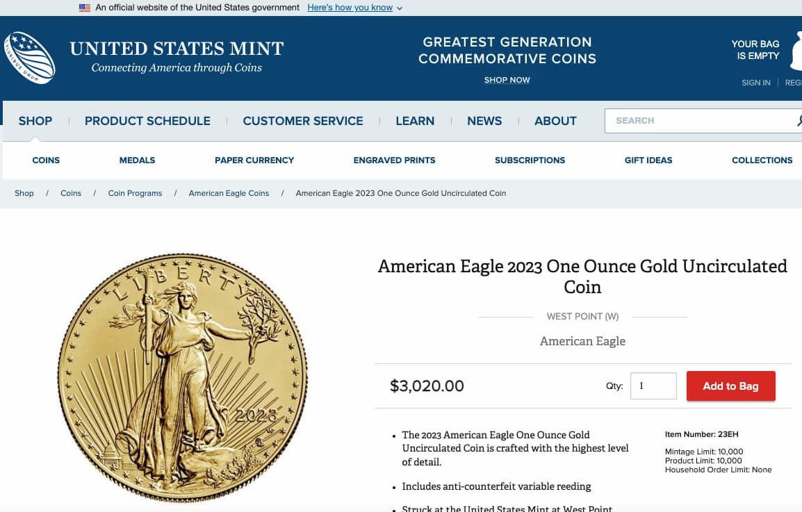 Screenshot of usmint.gov