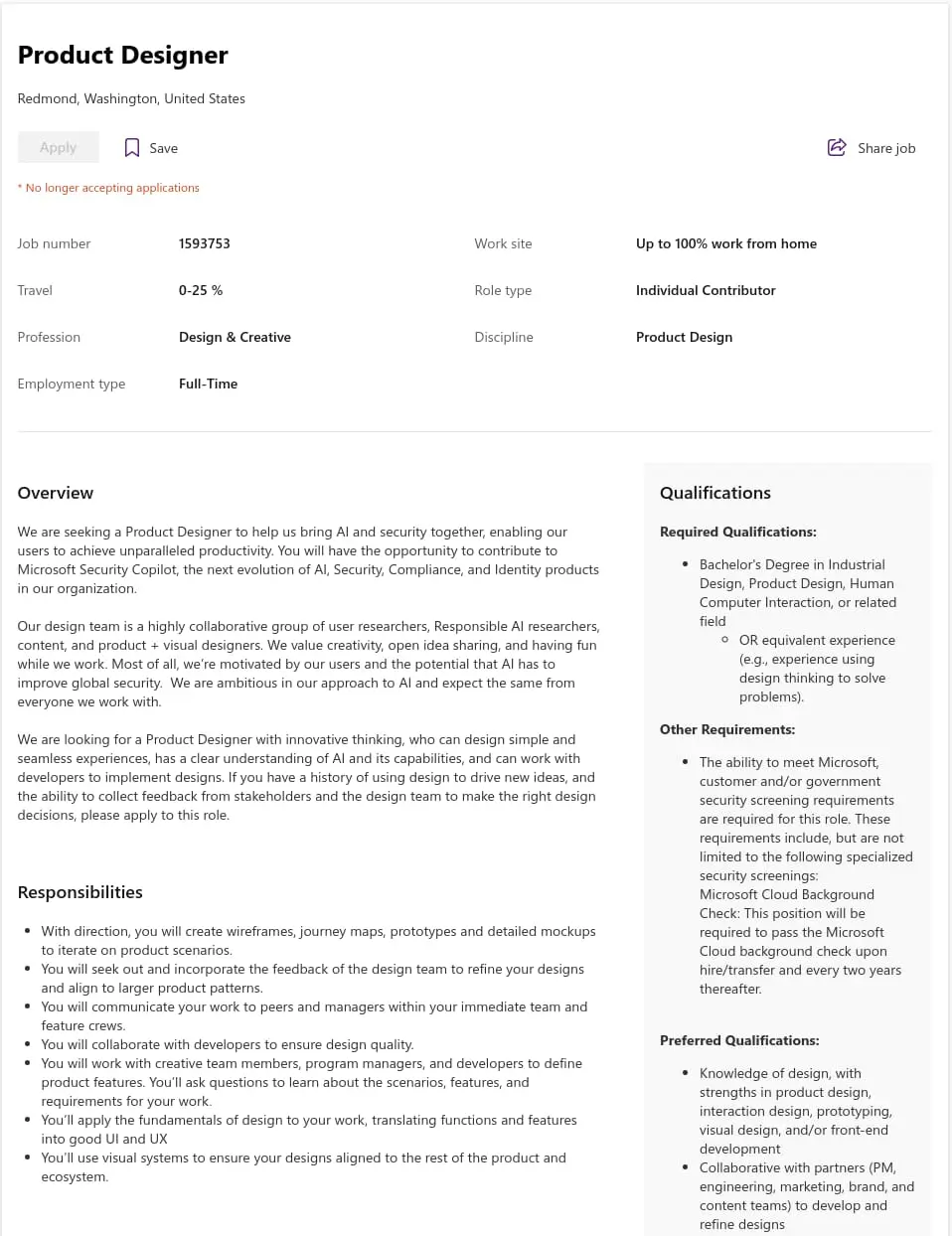 a job ad for a product designer career path