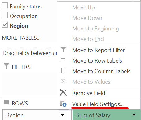 A screen grab from MS Excel showing the layout options menu for a pivot table