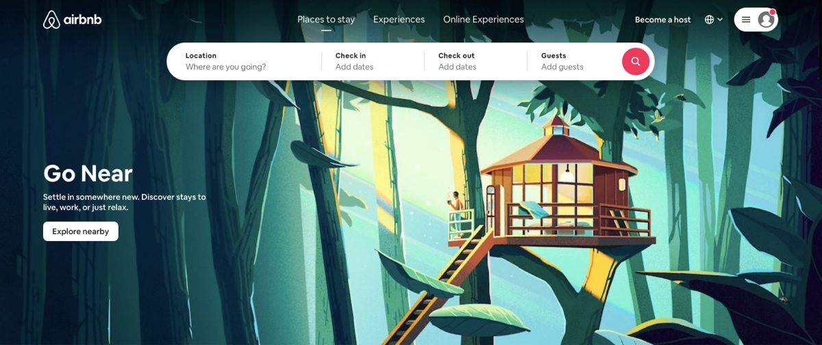 Screengrab of the Airbnb landing page, with imagery and microcopy focused on localized travel