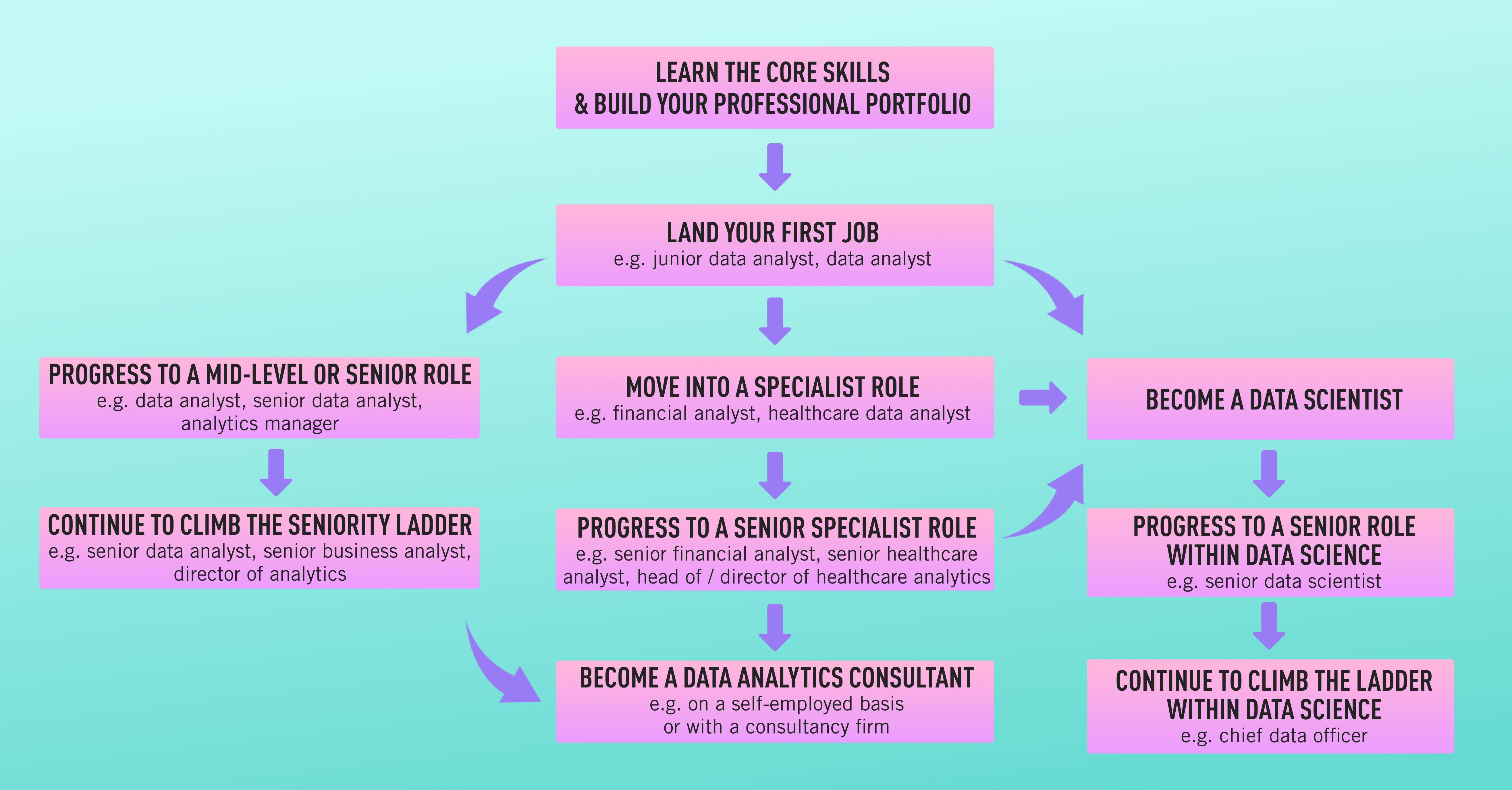 A flowchart depicting the possible routes you might take in your career as a data analyst, starting with learning the core skills.