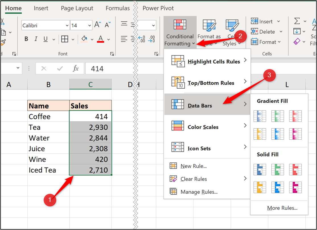 An Excel worksheet with two columns of data. The column containing sales figures has been selected (range C3 to C8). “Data bars” has been selected from the conditional formatting dropdown menu.