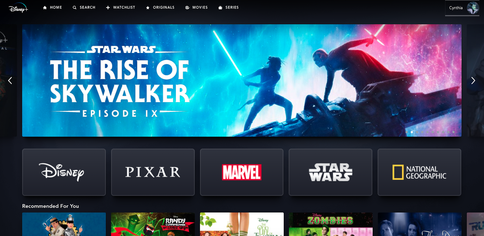 Screenshot of the Disney+ landing page, featuring selections for Disney, Pixar, Marvel, Star Wars, and National Geographic