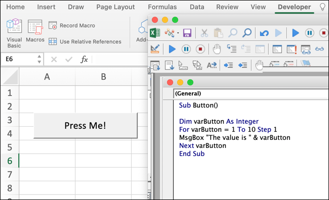 A VBA code snippet in Microsoft Excel, with a pop-up button with the text "Press me!"