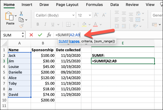 A worksheet in Microsoft Excel with the SUMIF formula used to select cells in a certain range