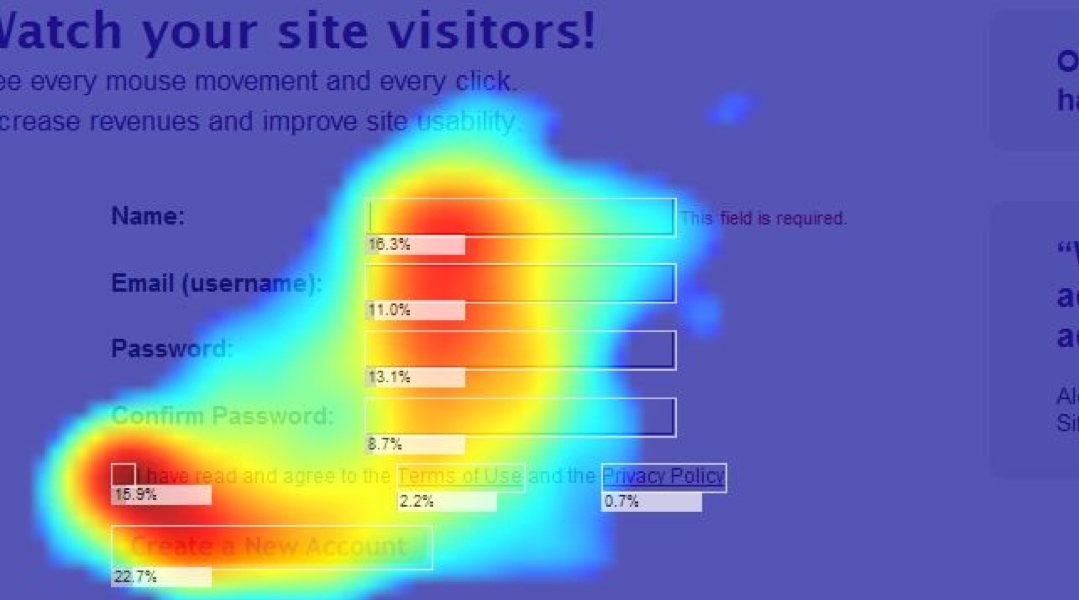 Screenshot of a mouse heatmap where the color intensity varies with how much and how many users focus on a given part of the screen