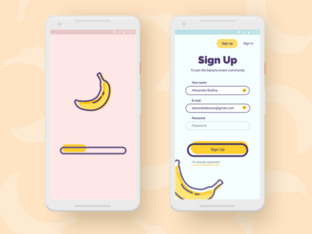 ‘Banana lovers’ app sign up screen by Alexandra Budina
