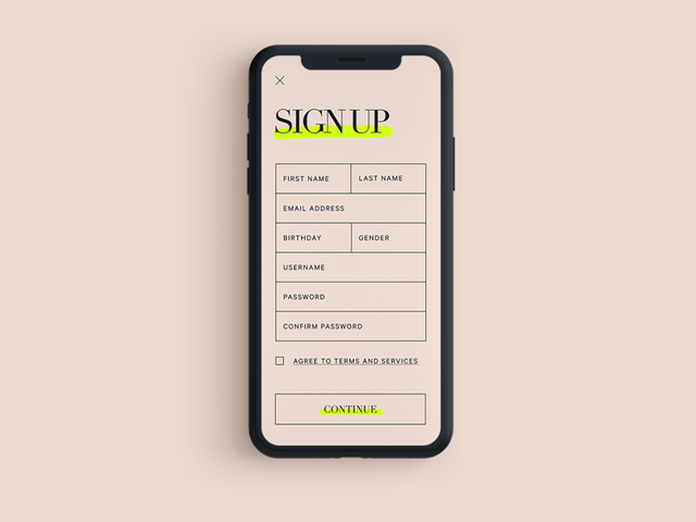Miscellaneous app sign up screen by Meghan Rose