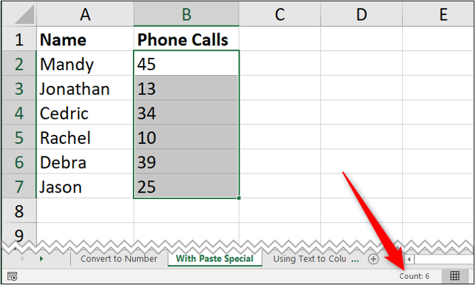 A simple Excel spreadsheet containing data for "name" and "number of phone calls." A red arrow has been added to annotate the word "count" which is shown in the bottom right, indicating that some number values have actually been stored as text