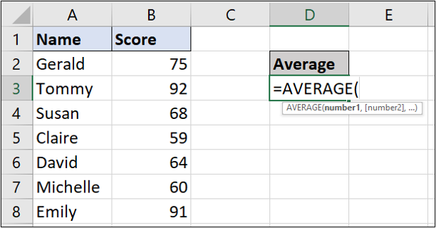 A simple Excel spreadsheet containing data for student names and test scores. In this instance, the user has typed out the average function manually in the relevant cell