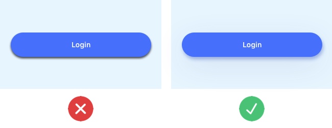 Good UI design vs. bad UI design: A "login" button with a heavy drop shadow next to a "login" button with a subtle drop shadow effect
