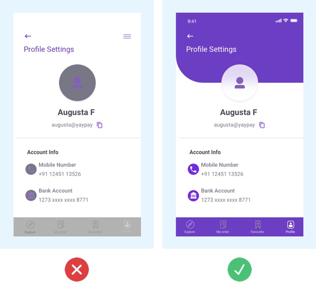 Two screenshots of user interfaces, the first showing a lack of colour contrast, the second demonstrating good use of colour contrast in UI design