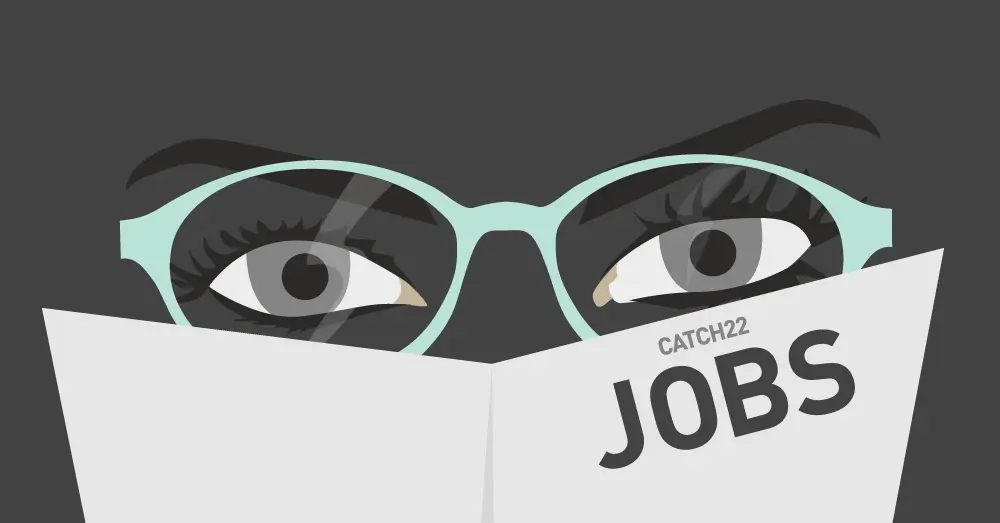 Graphic of a person looking at designer or web development jobs.