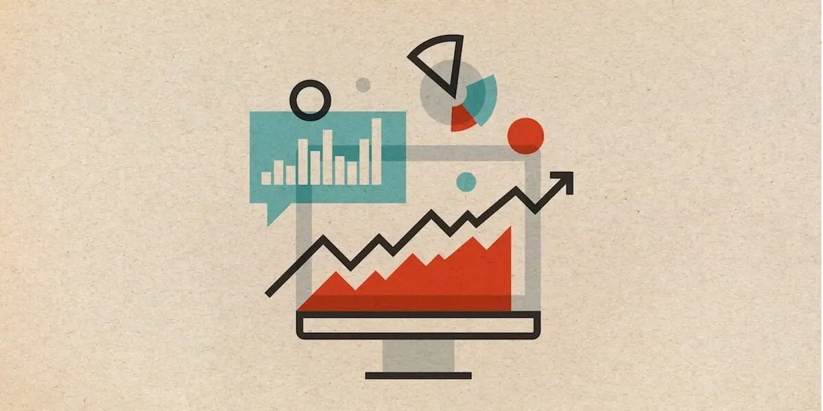 Icon-style illustration of a computer with bar graphs and pie charts around it