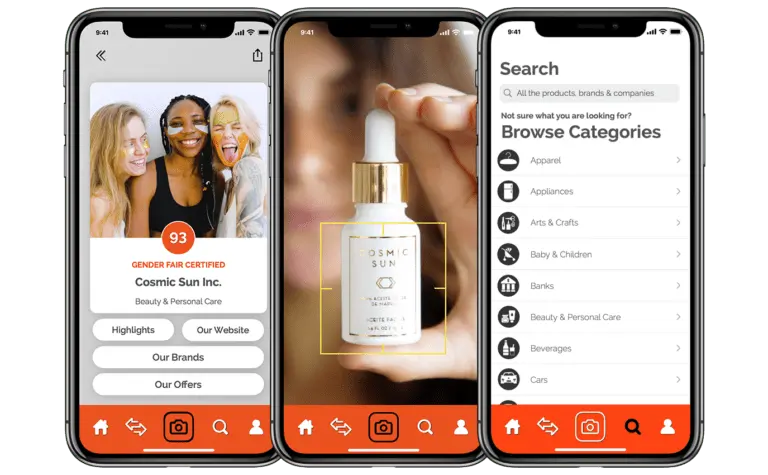 Three shots of different Gender Fair app screens.