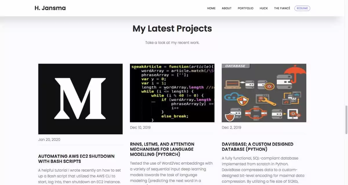 harrison jansma 3 A screen grab from Harrison Jansma's data analytics portfolio, showing his skills and interests.