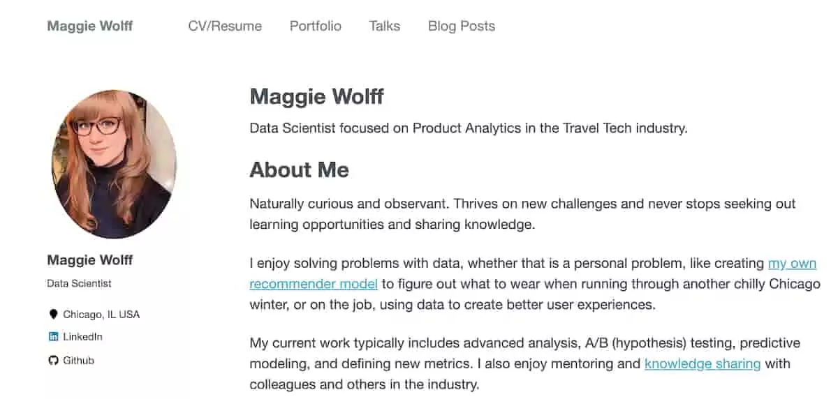 maggie wolff portfolio A screengrab taken from Maggie Wolff's portfolio website, showcasing her About Me page.