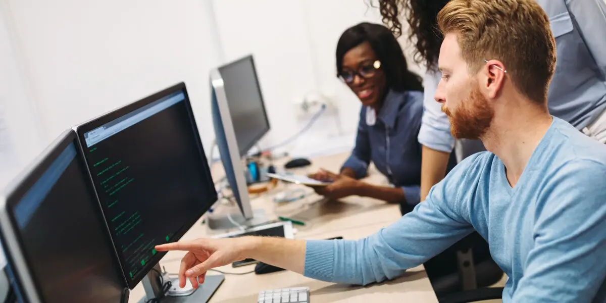 Data scientists looking at computer screens