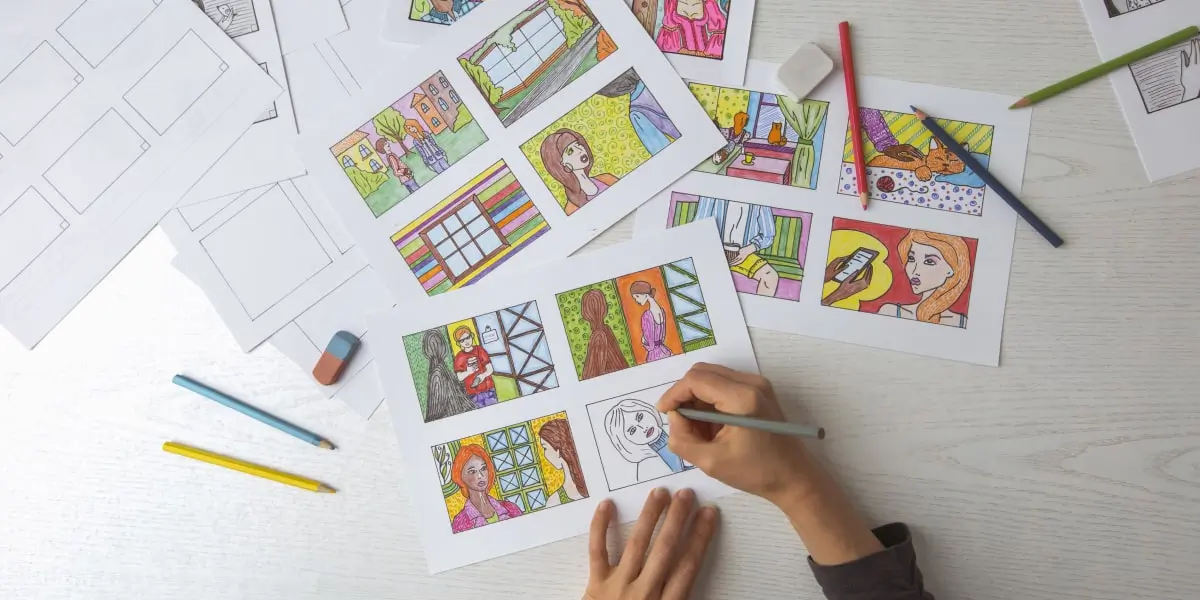 A series of hand-drawn, cartoon-style colourful images