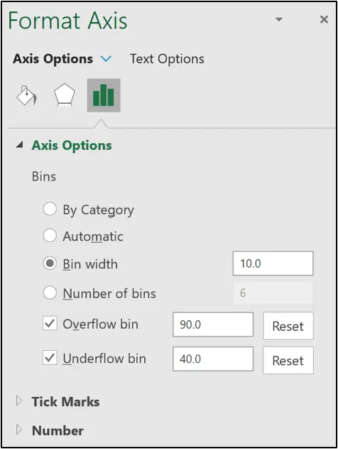 The format axis pane in Excel used to format the axis of a histogram