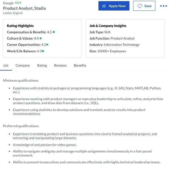Image 2 Excerpt from an entry-level data analyst job for Stadia