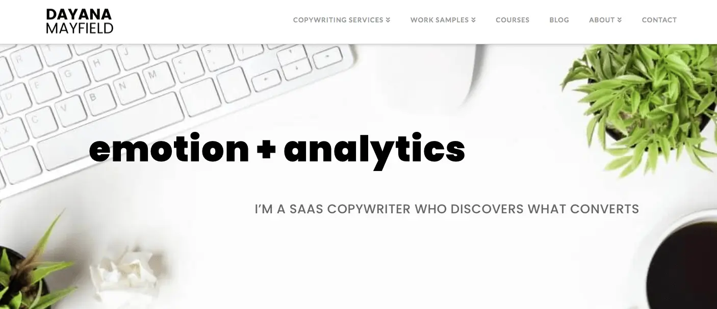 The homepage of Dayana Mayfield's marketing portfolio website