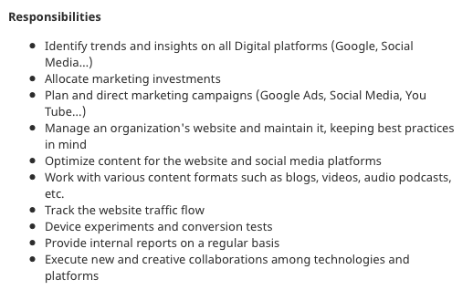 Digital marketing specialist job responsibilities A job ad listing the responsibilities of a digital marketing specialist