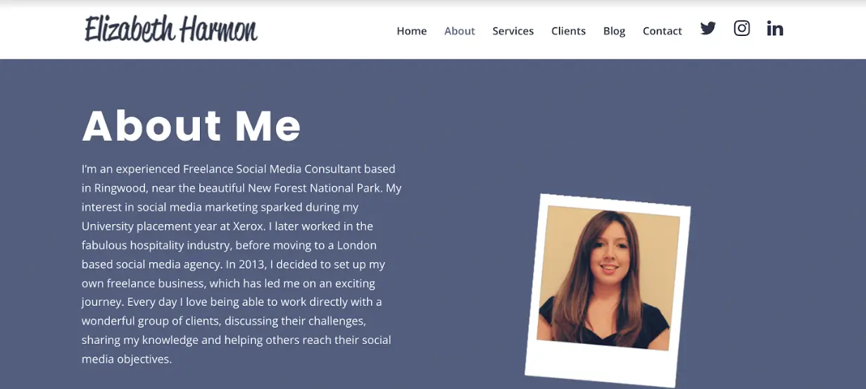The homepage of Elizabeth Harmon's digital marketing portfolio 