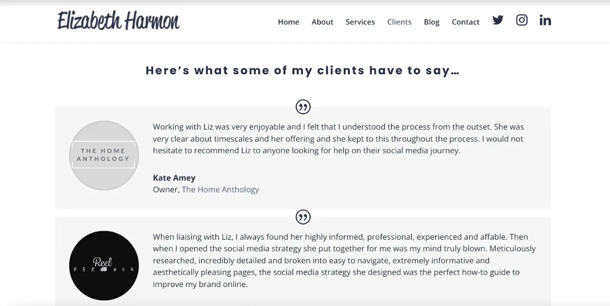 Testimonials from Elizabeth Harmon's marketing portfolio website