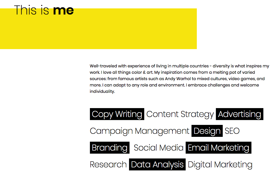 The about me section of Victoria Nikolaeva's marketing portfolio