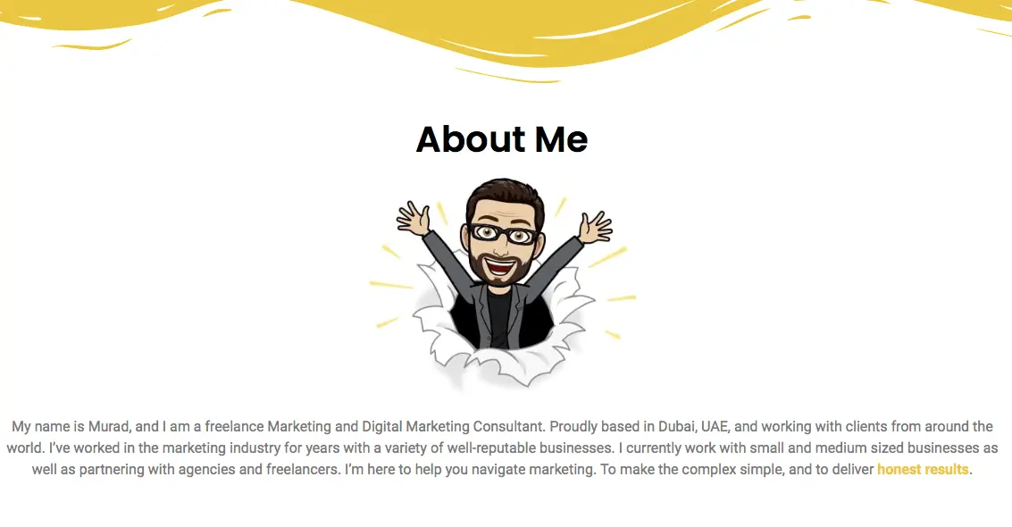 The About Me section of Murad Murad's digital marketing portfolio